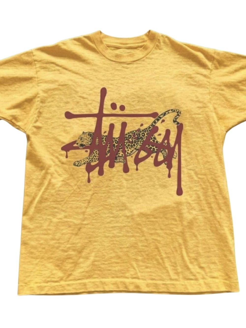 Yellow Tee with Maroon Drip Leopard Graphic